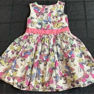 Cream Butterfly Print Dress with Pink Waistband